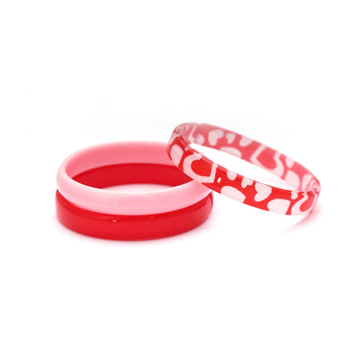 Pulseiras Rosa e Vermelha com Estampa de Corações - Trio