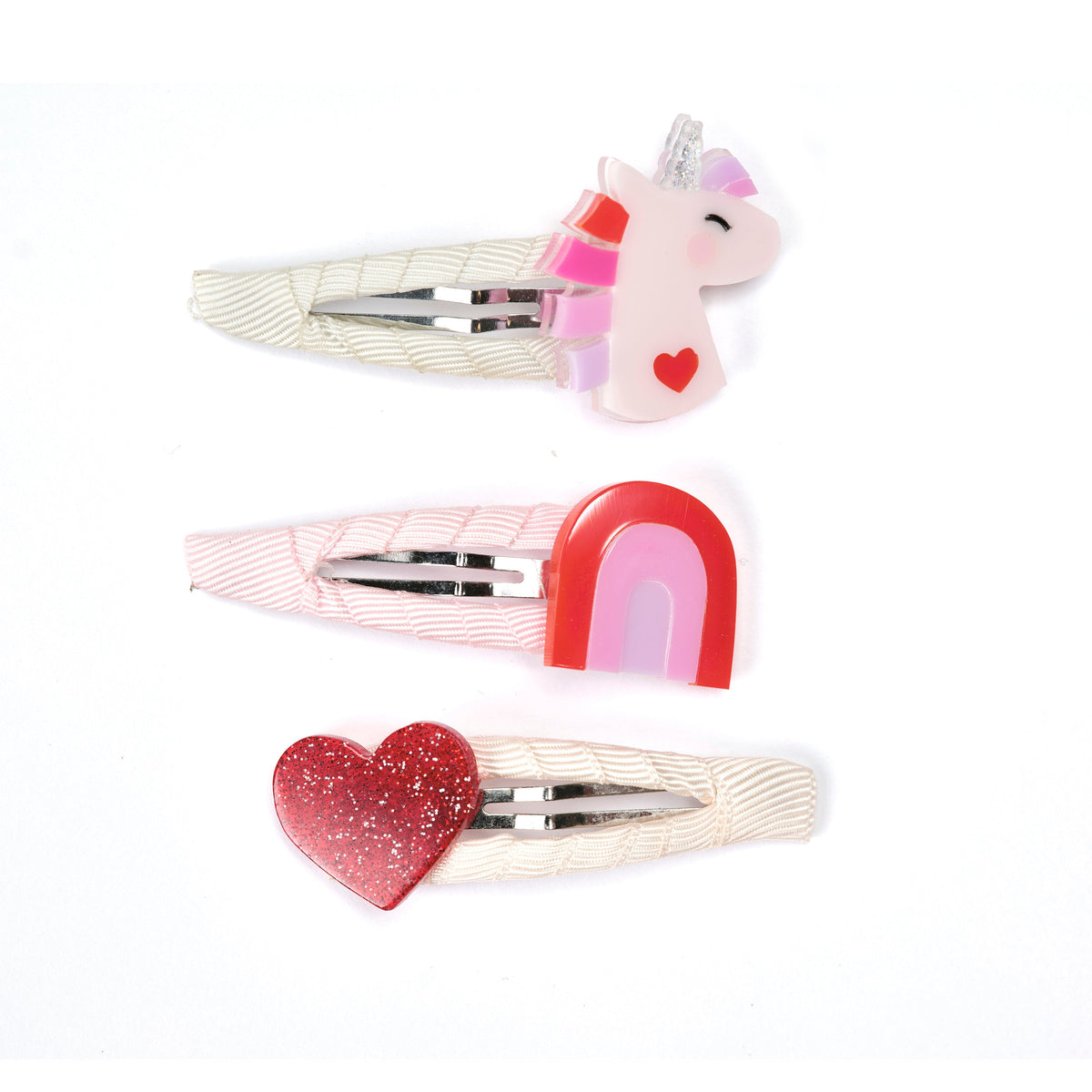 VAL25-CLIP UNICORNIO  CABEÇA C/ ARCO IRIS E CORAÇÃO VERMELHO PURPURINADO